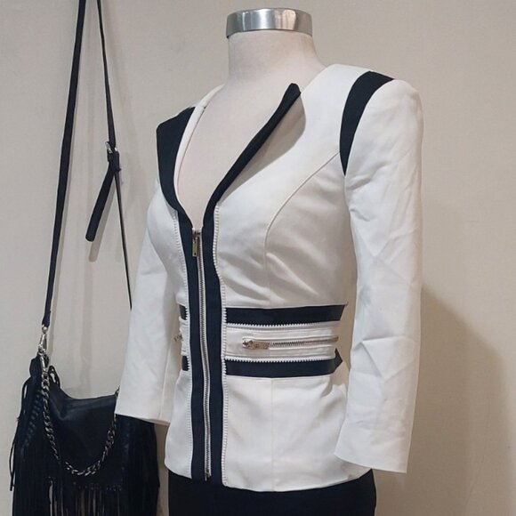 💥SHOWSTOPPER💥VTG Bebe Zipper Detaile Blazer in Brigth White & Black - Picture 3 of 16